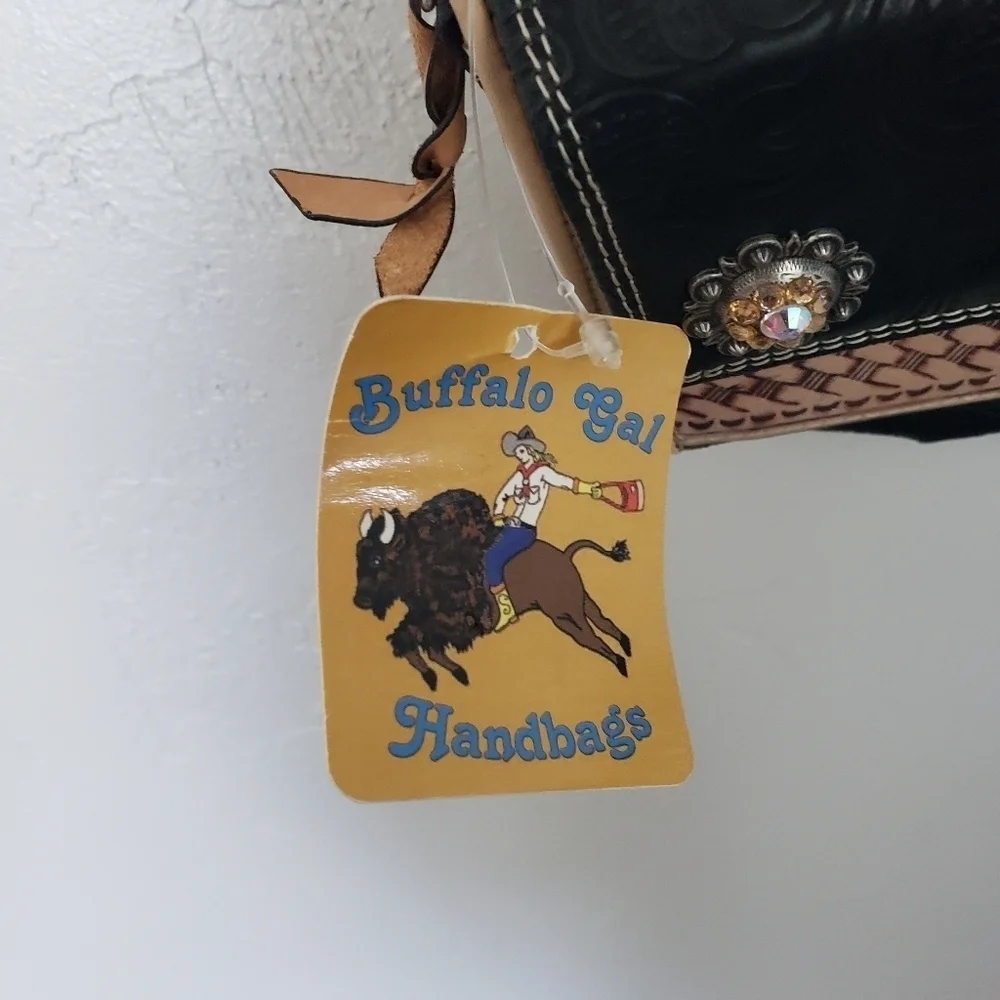 Buffalo Gal Handbags NWT Vintage 2004 Tooled Crossbody Bag Black Tan Western